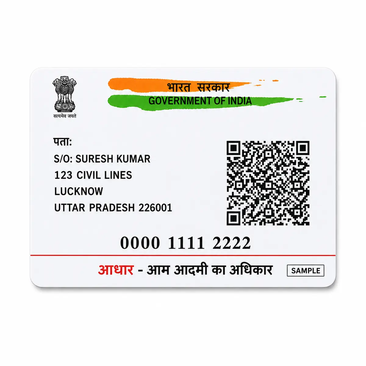 Aadhaar PVC card reverse with Suresh Kumar father name and fictional Lucknow address