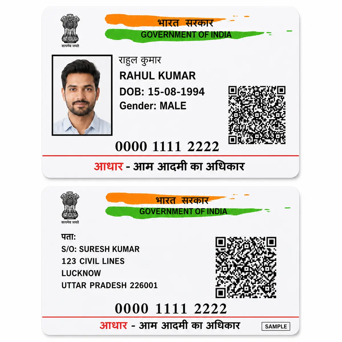 Aadhaar PVC card front and back with consistent Rahul Kumar sample details