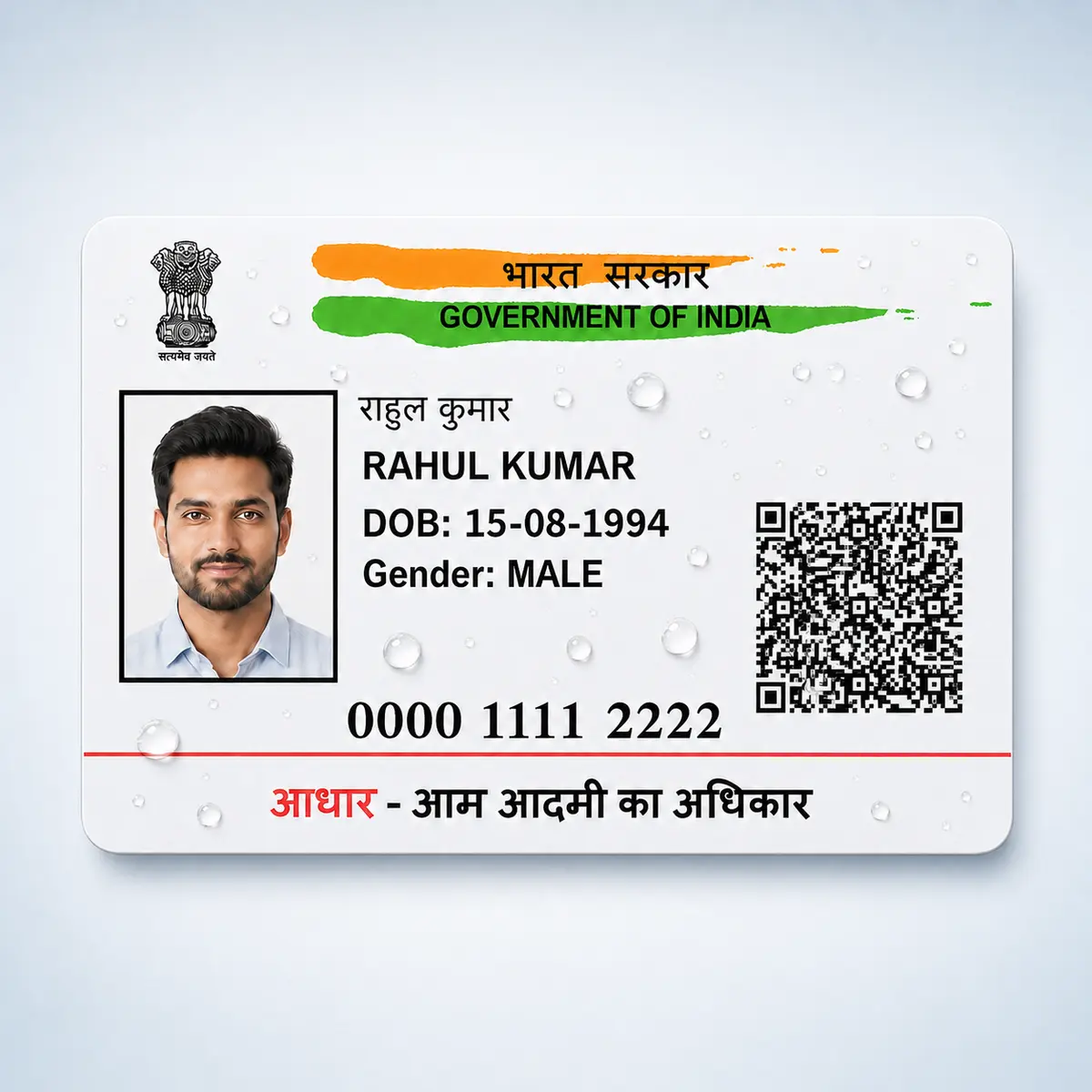 Water-resistant Aadhaar PVC card with matching Rahul Kumar Hindi and English name