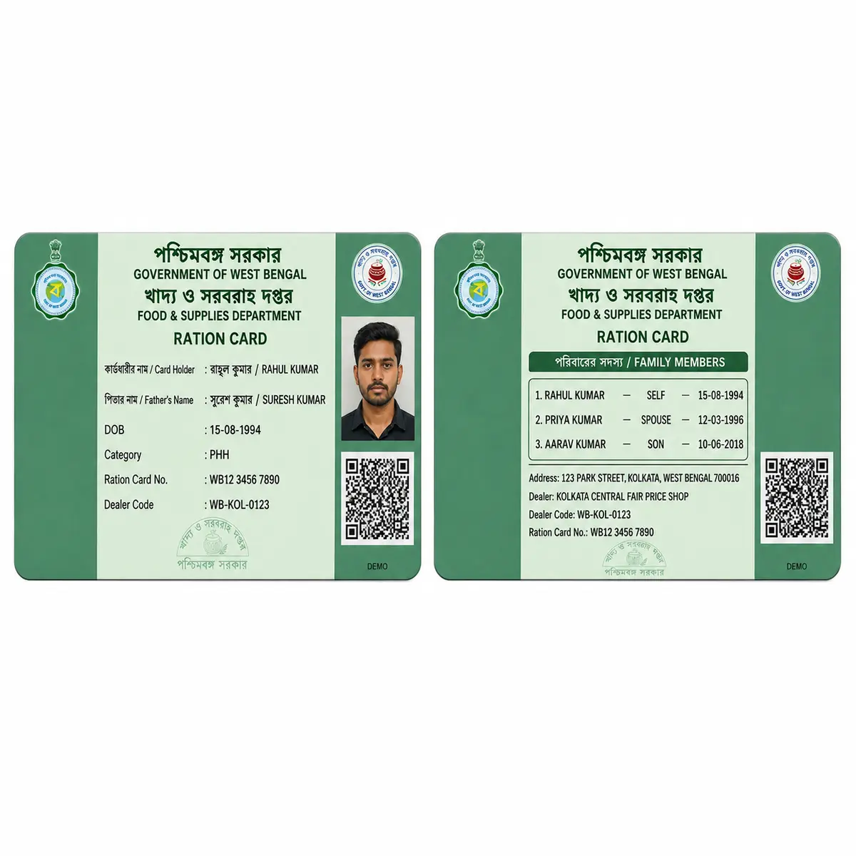 West Bengal ration PVC card front and reverse comparison