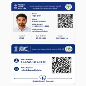 ABHA card PVC front and reverse shown straight at exactly the same size