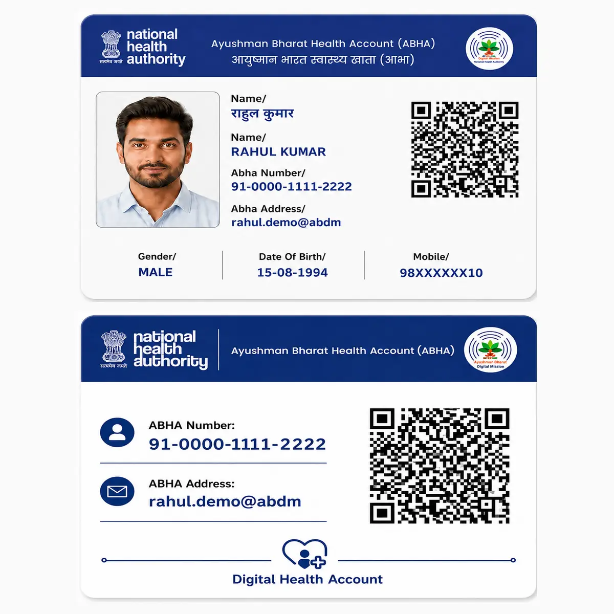 ABHA card PVC front and reverse shown straight at exactly the same size