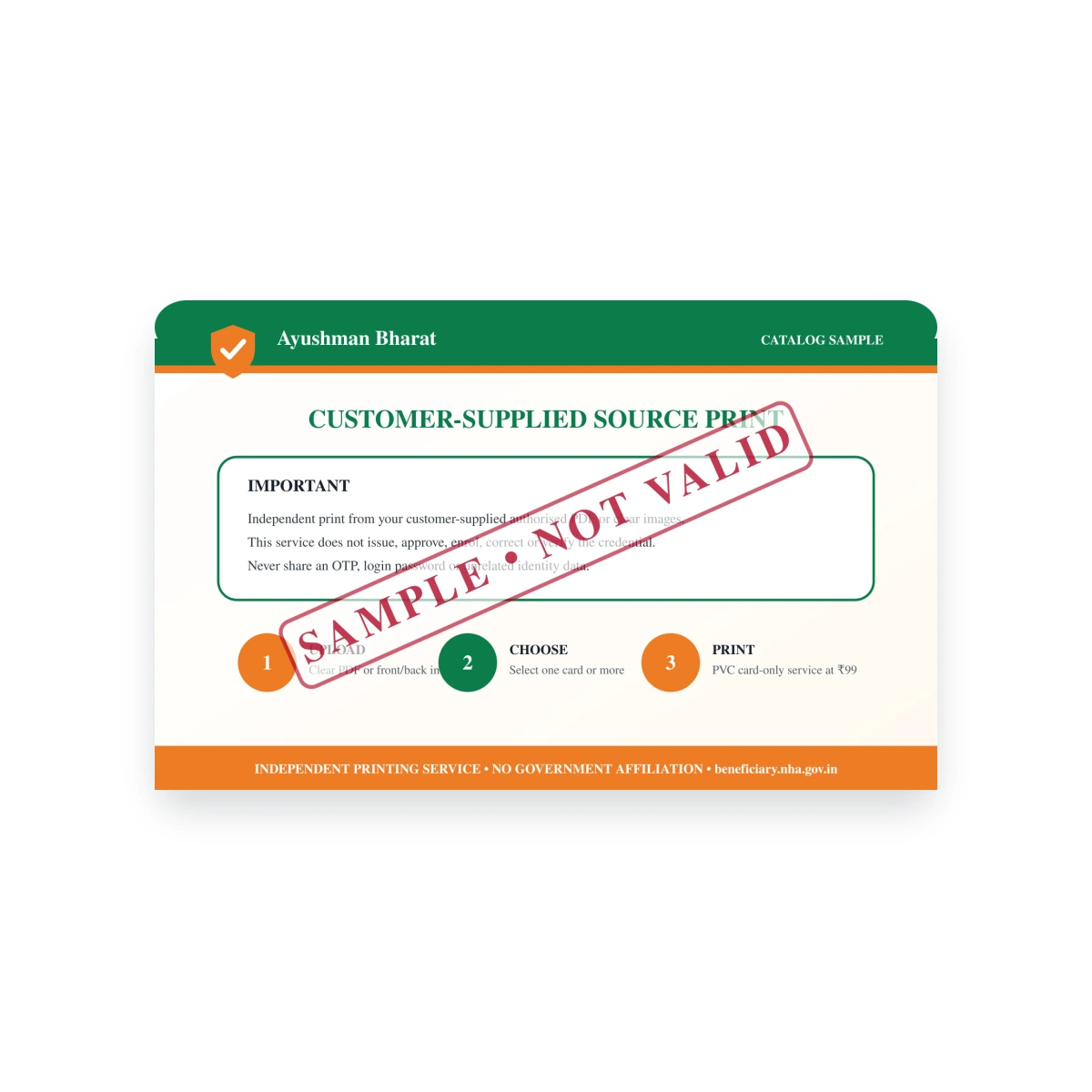 AYUSHMAN VAY VANDANA CARD sample reverse with independent printing notice