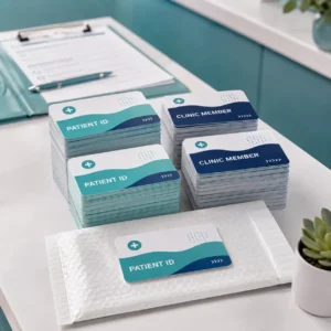 Custom clinic patient cards shown in bulk pack quantities