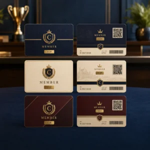 VIP club membership card design options with QR code and barcode