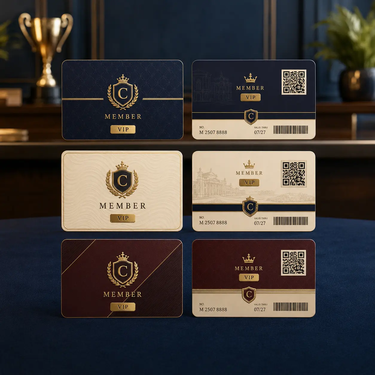 VIP club membership card design options with QR code and barcode