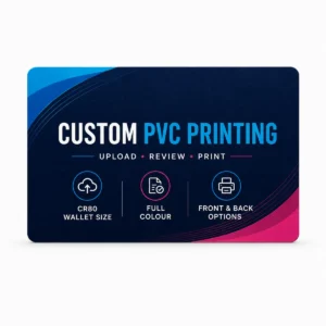 Reverse view of a custom PVC card with upload review and print steps