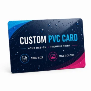 Water droplets on a custom full-colour PVC card