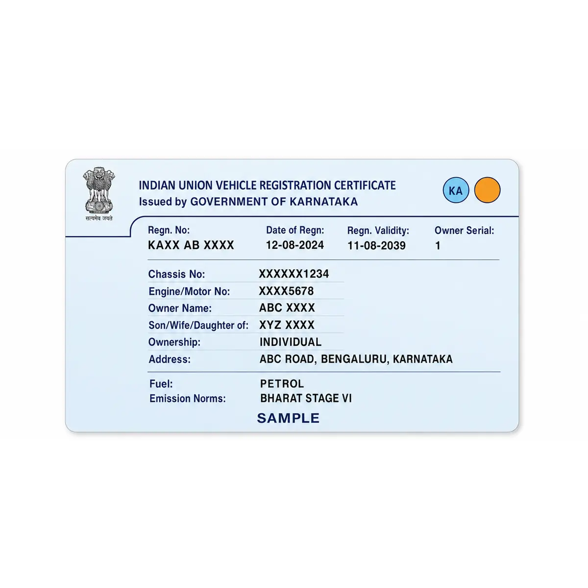 karnataka rc pvc card print example 1