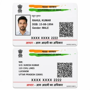 Masked Aadhaar PVC front and reverse comparison with matching fictional identity