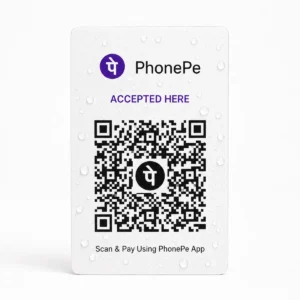 Water droplets on a portrait PhonePe QR PVC card