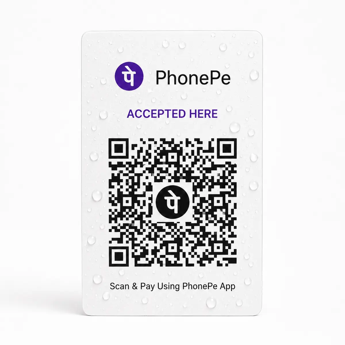 Water droplets on a portrait PhonePe QR PVC card
