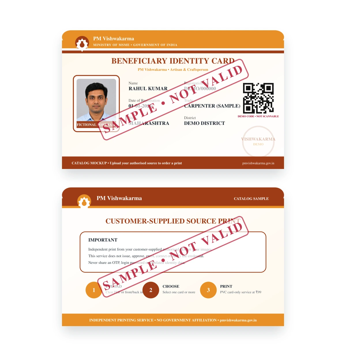 BENEFICIARY IDENTITY CARD sample front and reverse shown at equal size