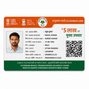 Water-resistant Ayushman PM-JAY PVC card with droplets and fictional Rahul Kumar details