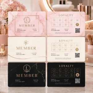 Salon loyalty card design options with QR code and reward grid