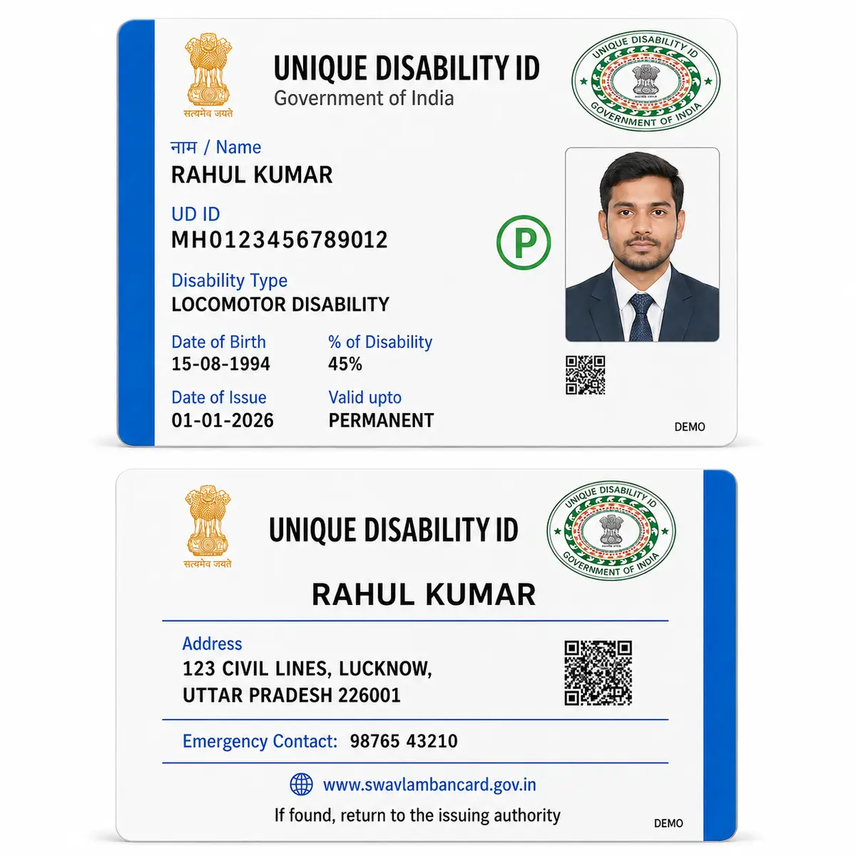 Front and reverse comparison of a fictional UDID PVC card