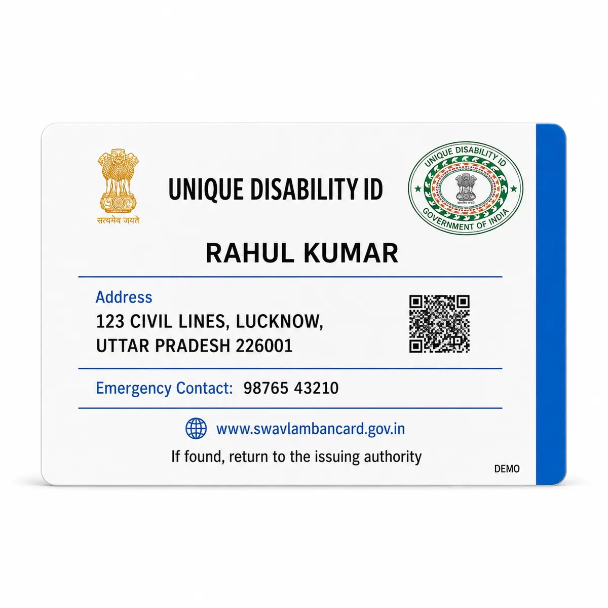 Reverse view of a fictional UDID PVC card with address details