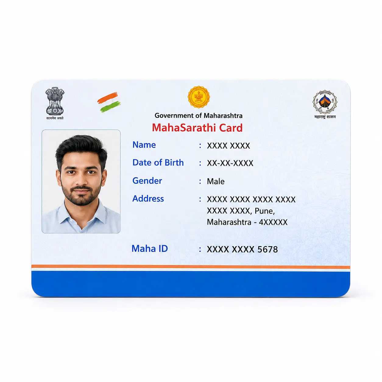 MahaSarathi Maha ID PVC card front view with masked fictional details